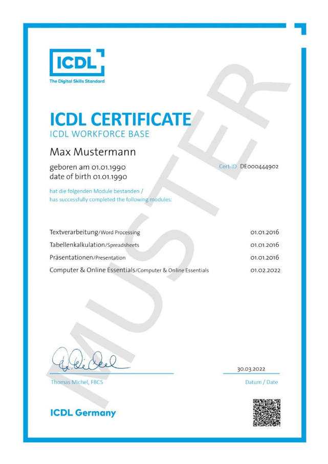 ICDL Zertifikat Muster
